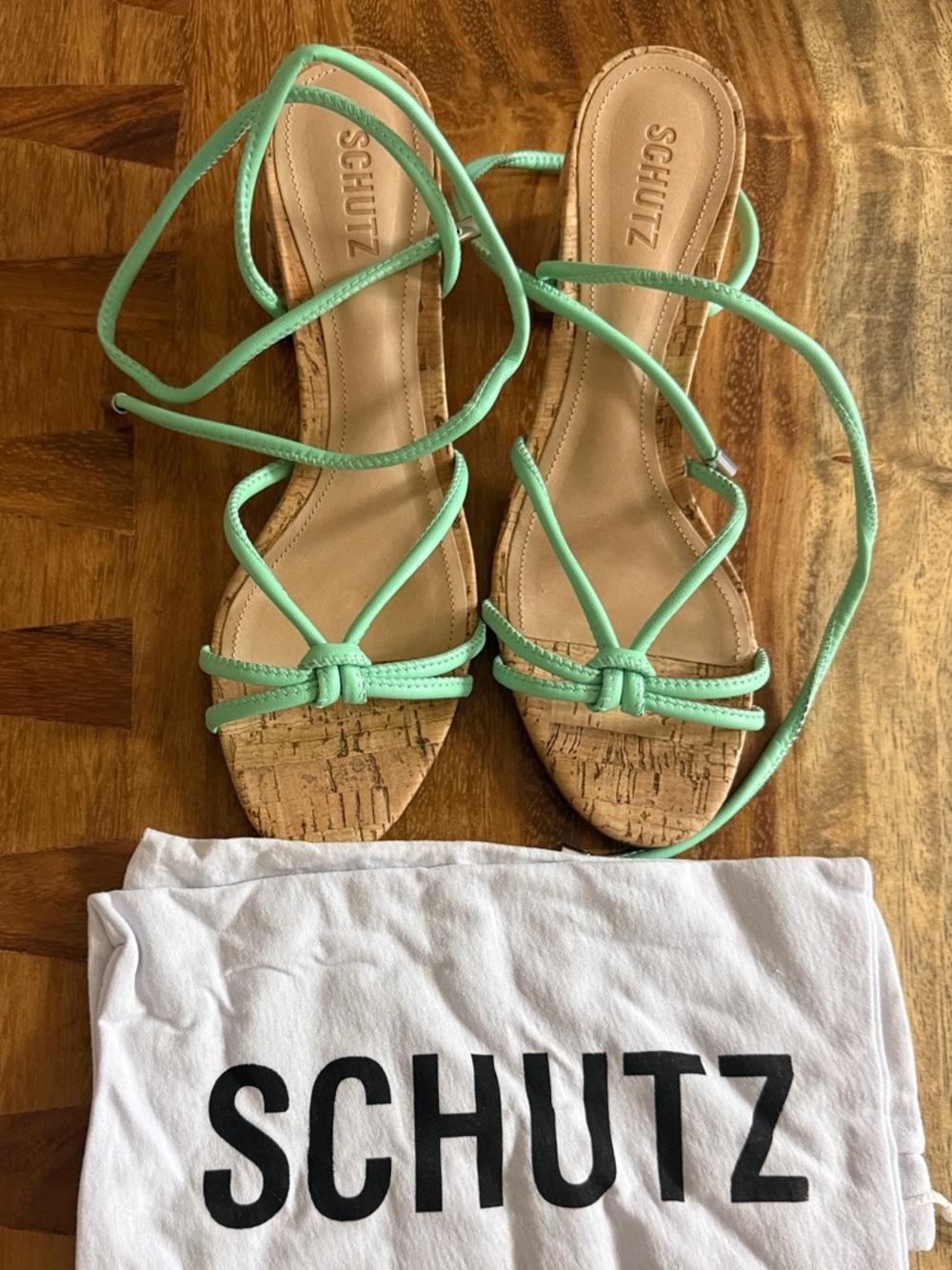 SCHUTZ Mint Green Strappy Cork Sandals